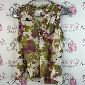 Ann Taylor LOFT tank top flowers Floral Sleeveless Blouse - Olive and Magenta